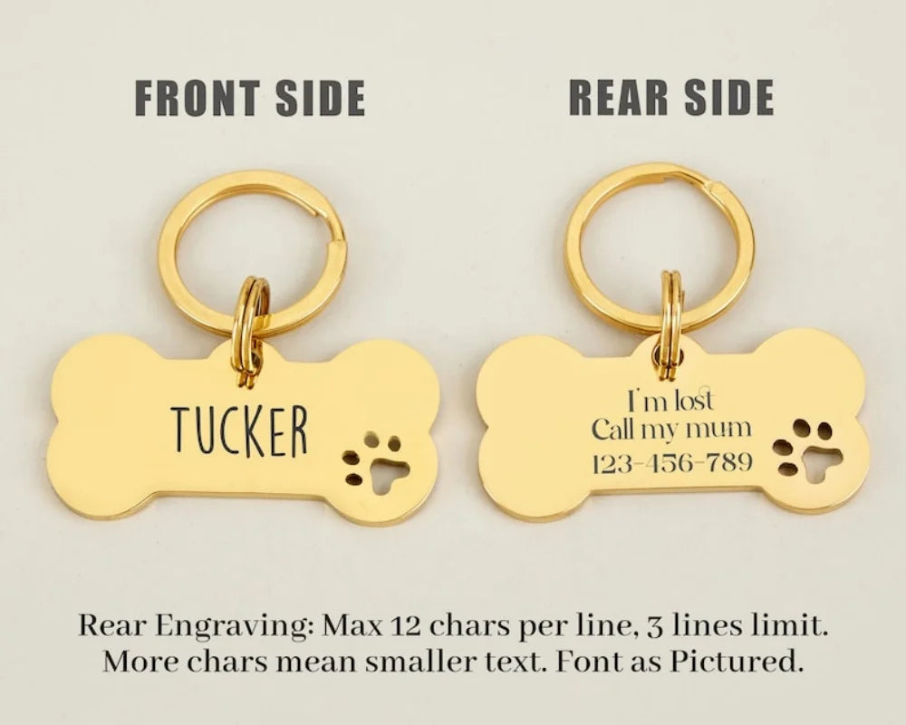 Front and rear views of a gold-colored bone-shaped stainless steel dog ID tag engraved with the name Tucker