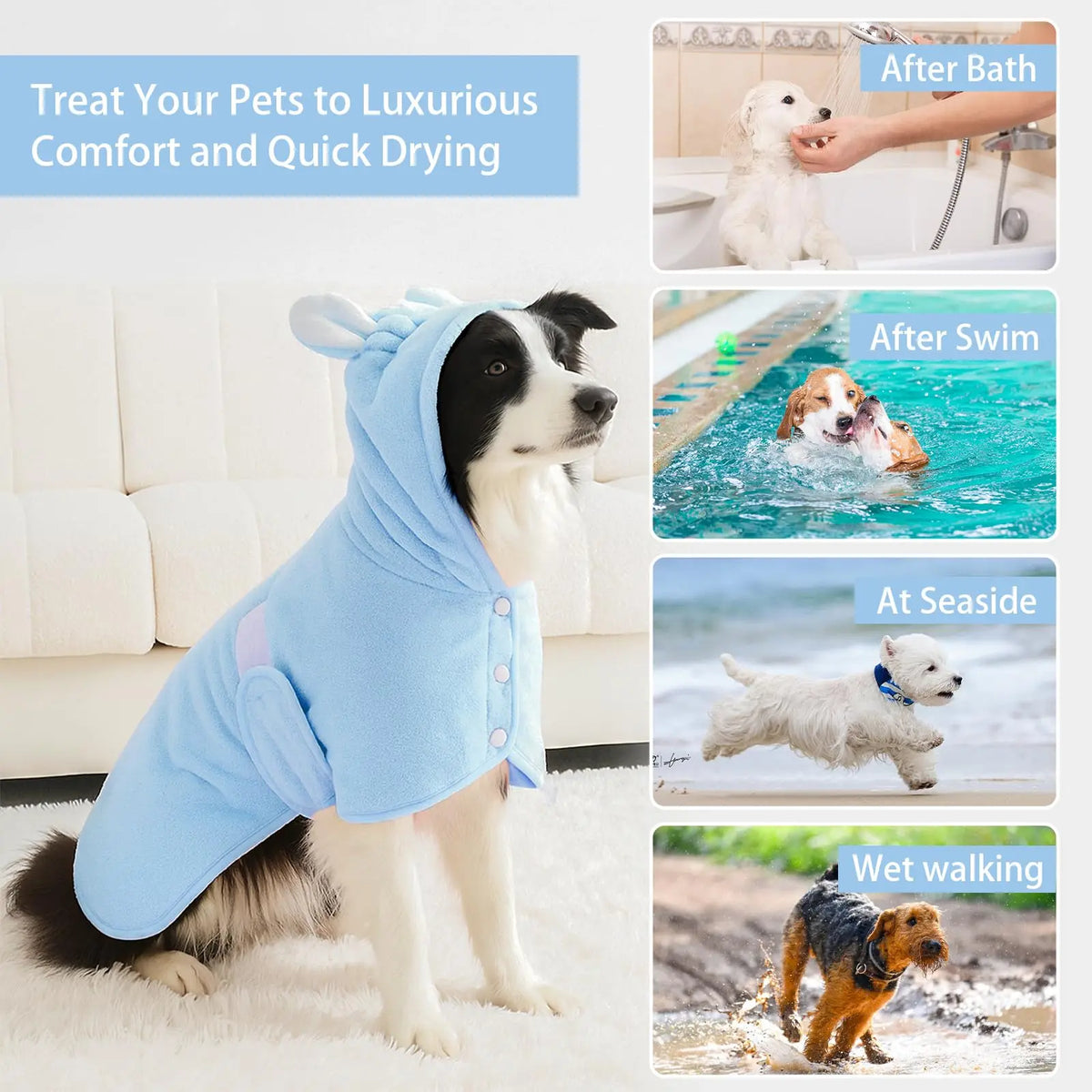 A light blue hooded pet bathrobe towel is shown on a dog, with images demonstrating its use after bath, swim, at seaside, and