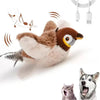 A fluffy brown and white bird toy with flapping wings is shown next to a cat.