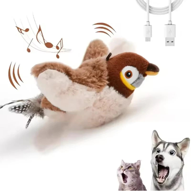 A fluffy brown and white bird toy with flapping wings is shown next to a cat.