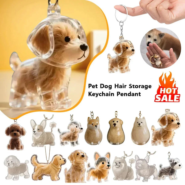 A collection of transparent pet dog hair storage keychain pendants featuring various dog breeds.