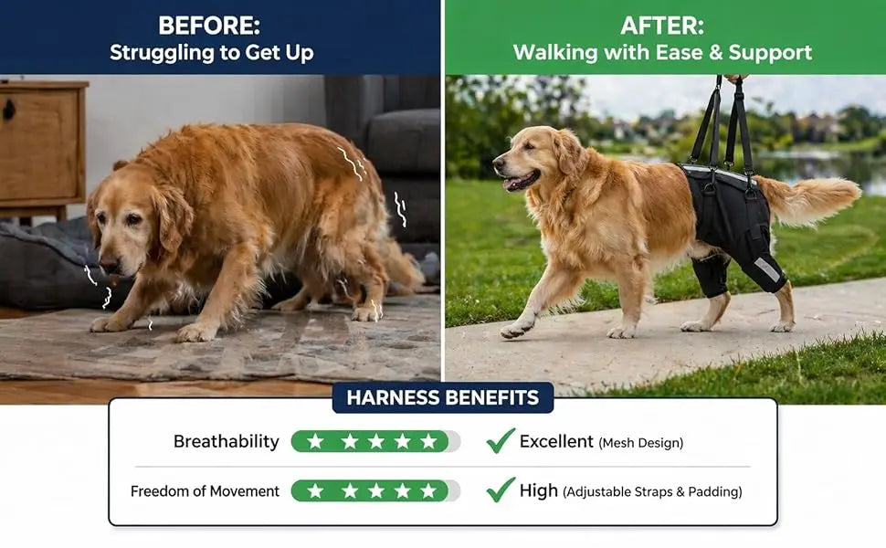 Before and after comparison showing a dog struggling to get up versus walking with ease using a harness.