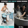 Comparison of new and old ways to pet grooming, showing a cat being groomed in a hammock versus a tub.