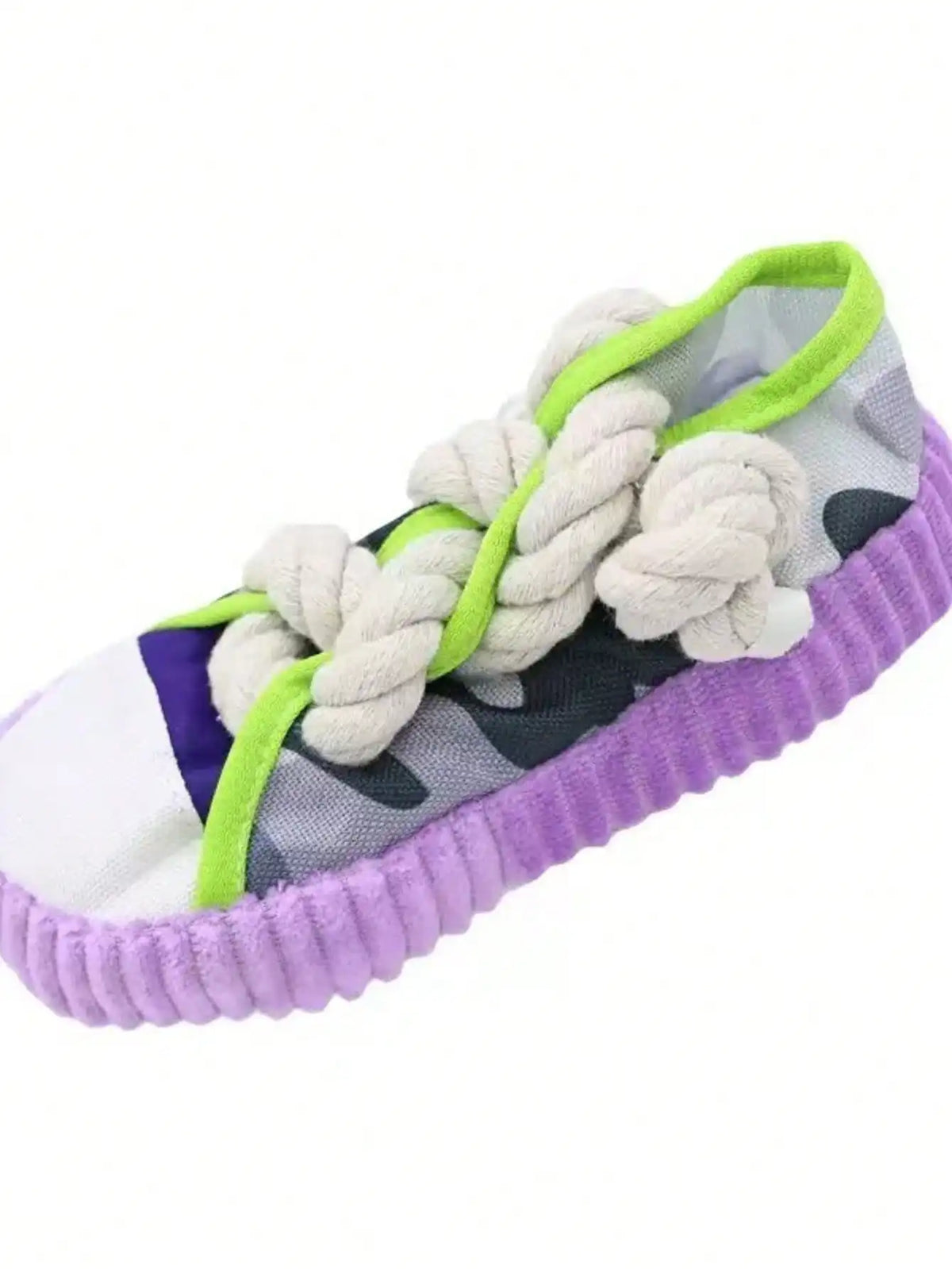 A purple and white slipper featuring a rope tie closure with light green accents.