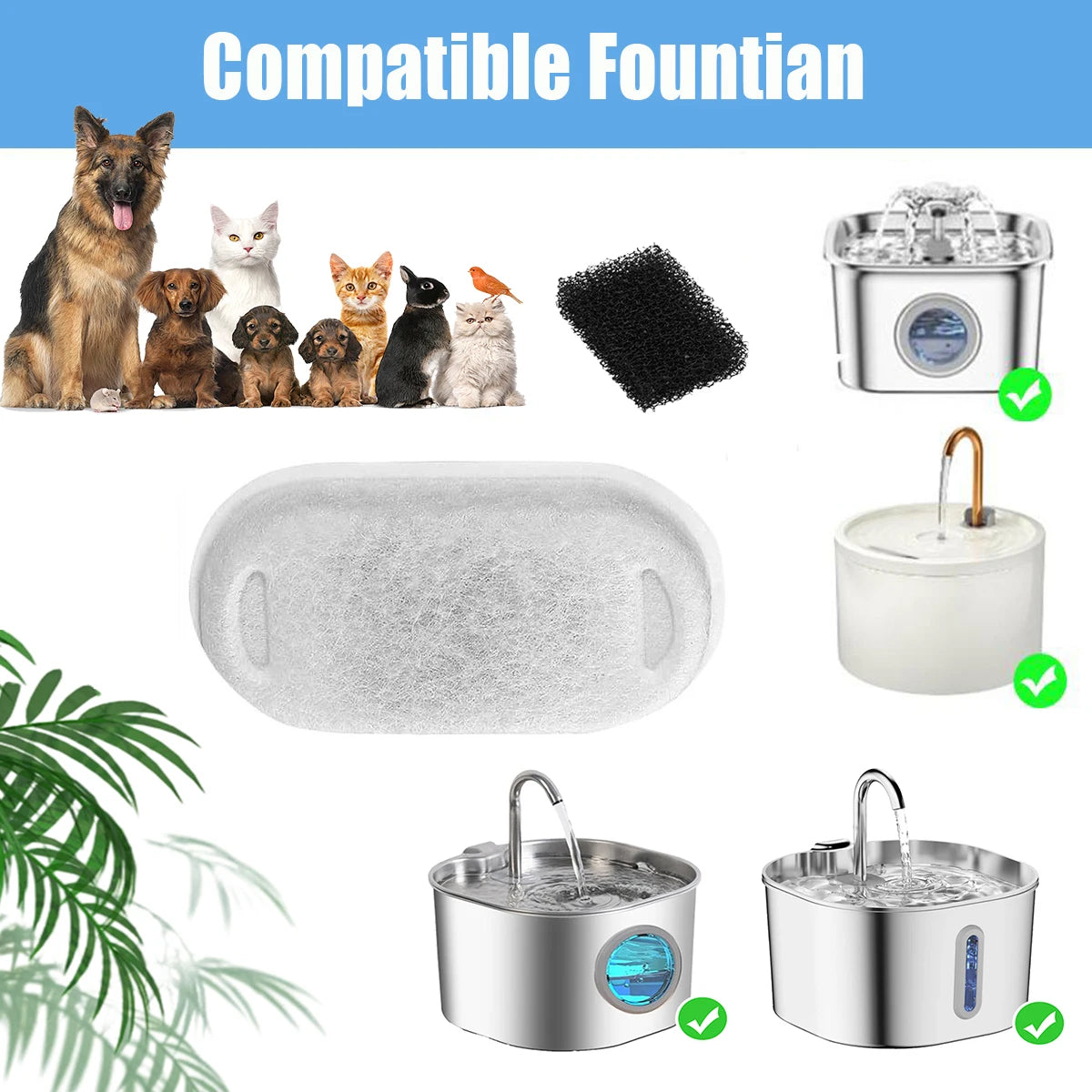 Replacement filters and components for a compatible pet water fountain including various animals and the fountain unit.