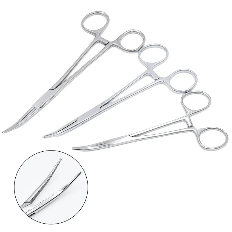 A set of stainless steel pet ear hair tweezers with curved tips shown against a white background.