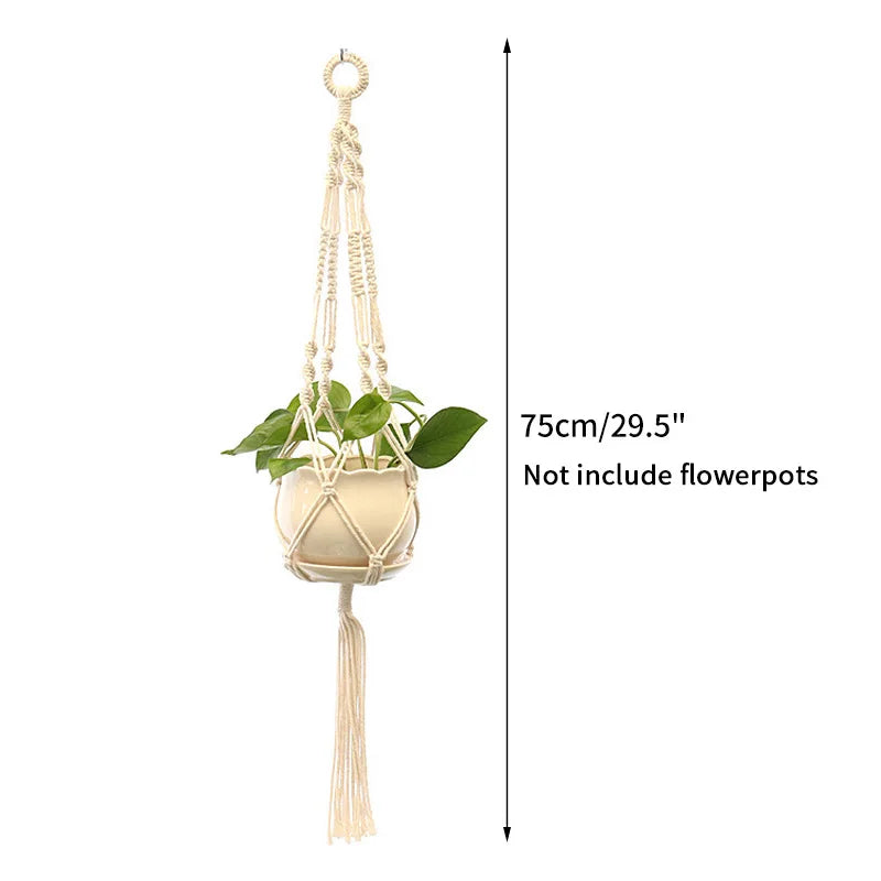 Macrame plant hanger with a hanging loop and macrame cord for indoor or outdoor plant decor