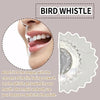A close-up of a person's mouth showing how to attach and use a bird whistle for sound effects.