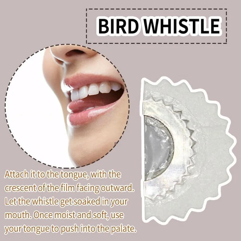 A close-up of a person's mouth showing how to attach and use a bird whistle for sound effects.