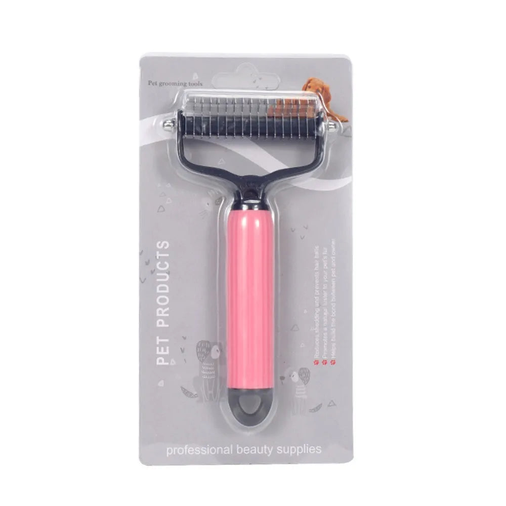 A pink and black universal stainless steel pet detangling comb packaged for professional beauty supplies.