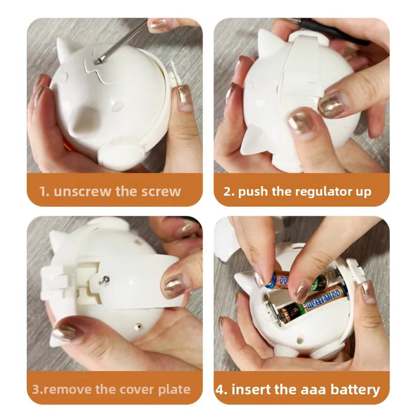Step-by-step instructions showing how to assemble an automatic lifting cat toy ball by unscrewing, pushing, removing a cover 