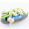 A blue and green squeaky slipper dog chew toy with a thick rope and light beige cord.
