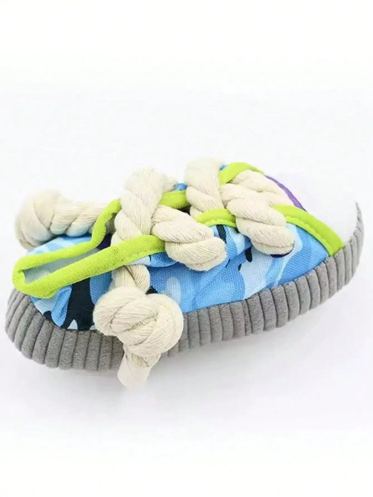 A blue and green squeaky slipper dog chew toy with a thick rope and light beige cord.