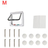 A white 4-way locking pet door frame and several metal chains for securing the door.