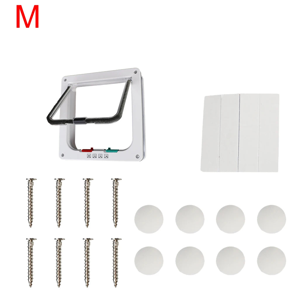 A white 4-way locking pet door frame and several metal chains for securing the door.