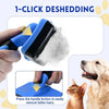 A hand is using a blue grooming tool to remove pet hair from a dog and a cat.