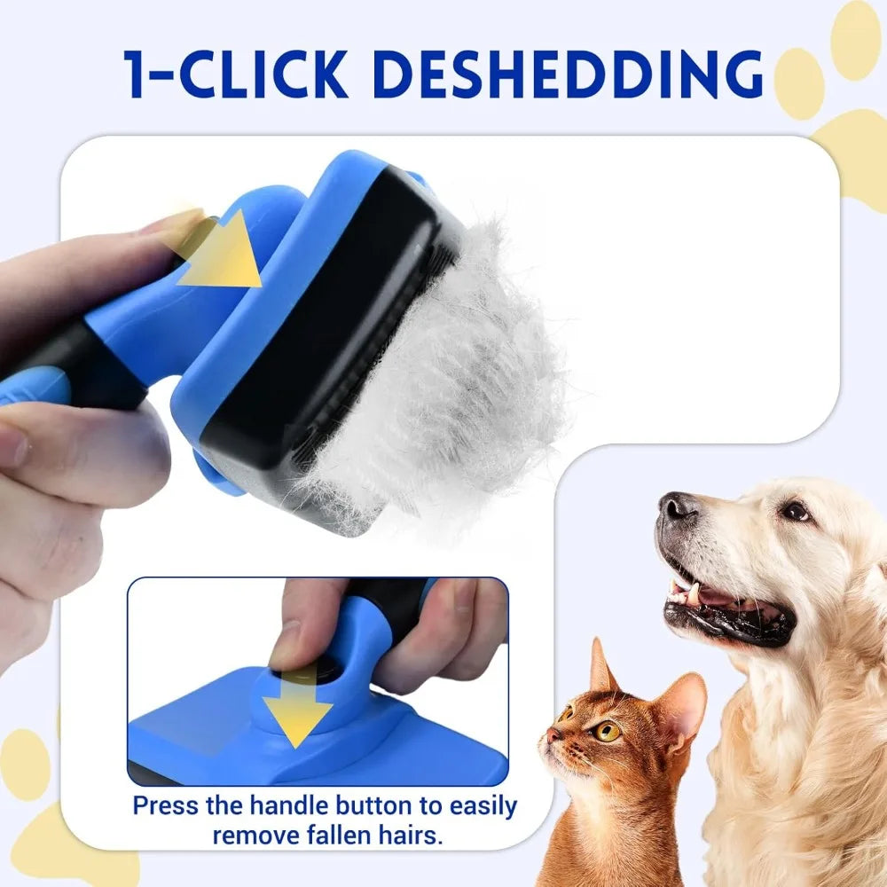 A hand is using a blue grooming tool to remove pet hair from a dog and a cat.