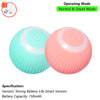 A pink and teal spherical cat toy with a switch for operating mode shown next to its specifications.