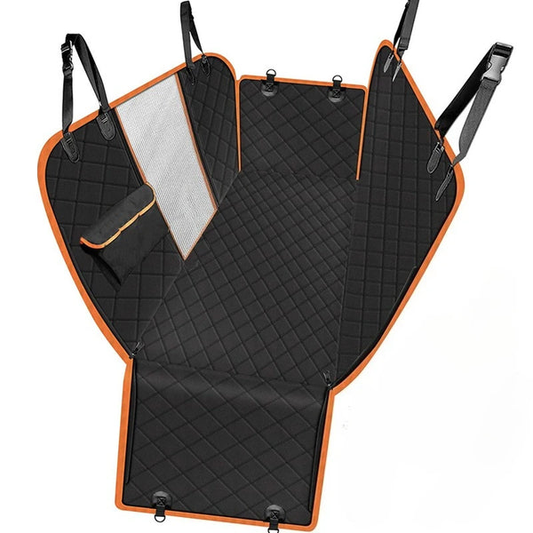 Orange waterproof dog car seat cover with a mesh hammock protector and black fabric