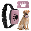 A pink USB rechargeable dog bark collar is shown next to a golden retriever wearing it.