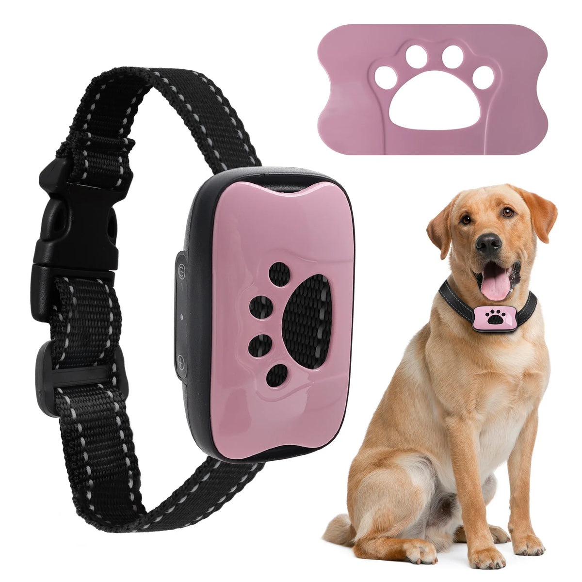 A pink USB rechargeable dog bark collar is shown next to a golden retriever wearing it.