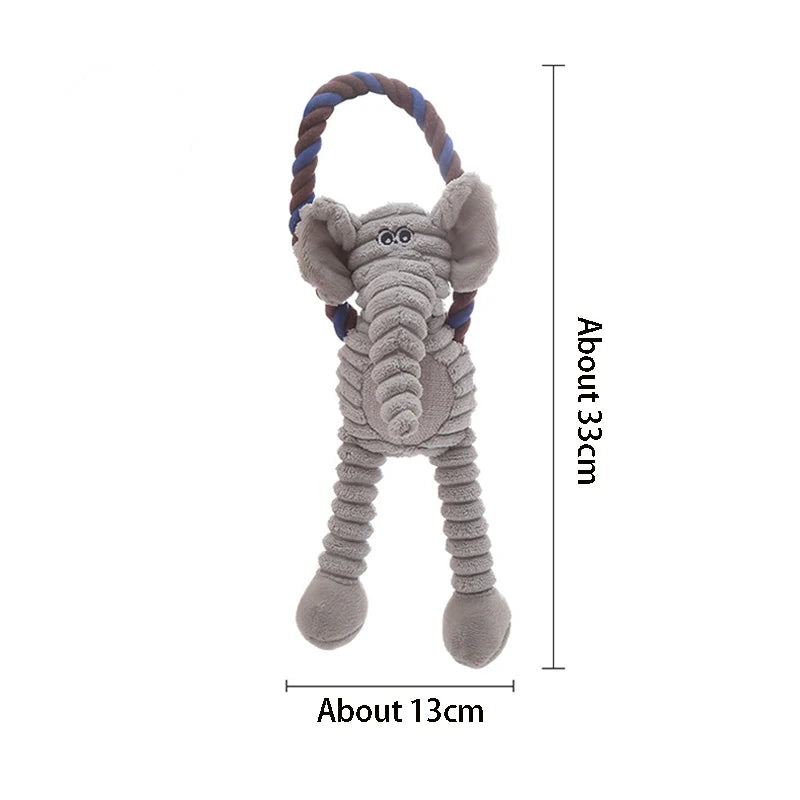 A gray plush elephant bone dog squeaky chew toy with blue braided handles.