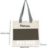 A beige fabric pet bag with black text and a gray strap, shown flat.