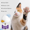 A domestic cat is holding a white calming pheromone diffuser for cats, demonstrating its easy use and stress relief.