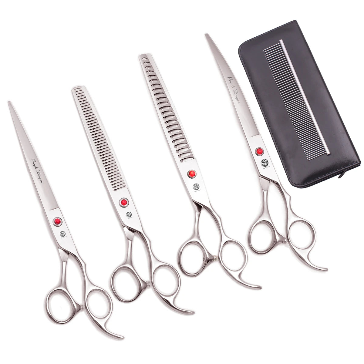Set professioneller Edelstahl-Pflegeschere und -bürste für Haustiere in schwarzem Etui.