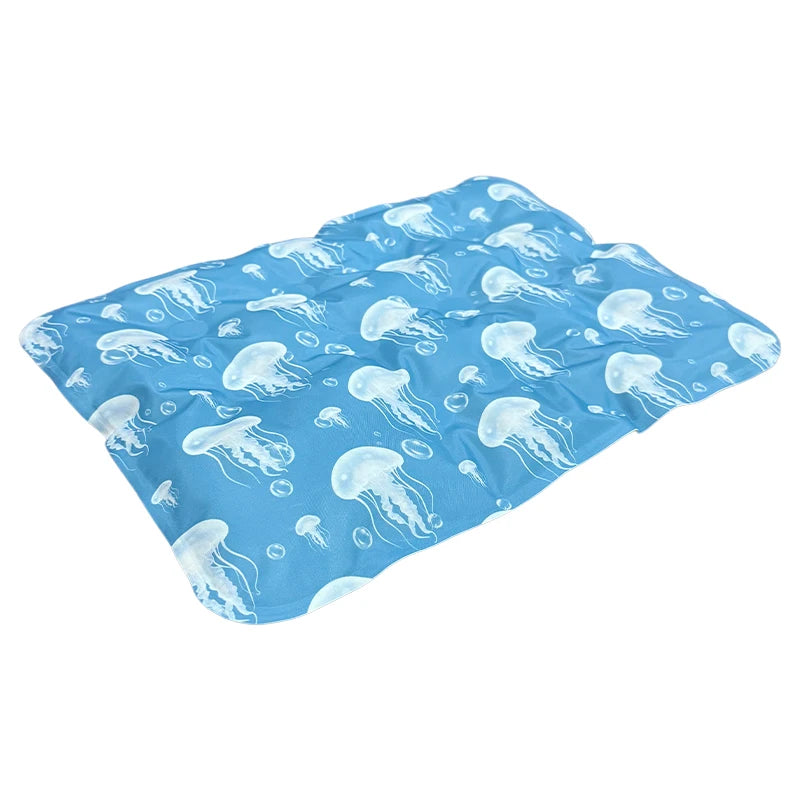 Light blue fabric mat featuring a repeating pattern of jellyfish for pets
