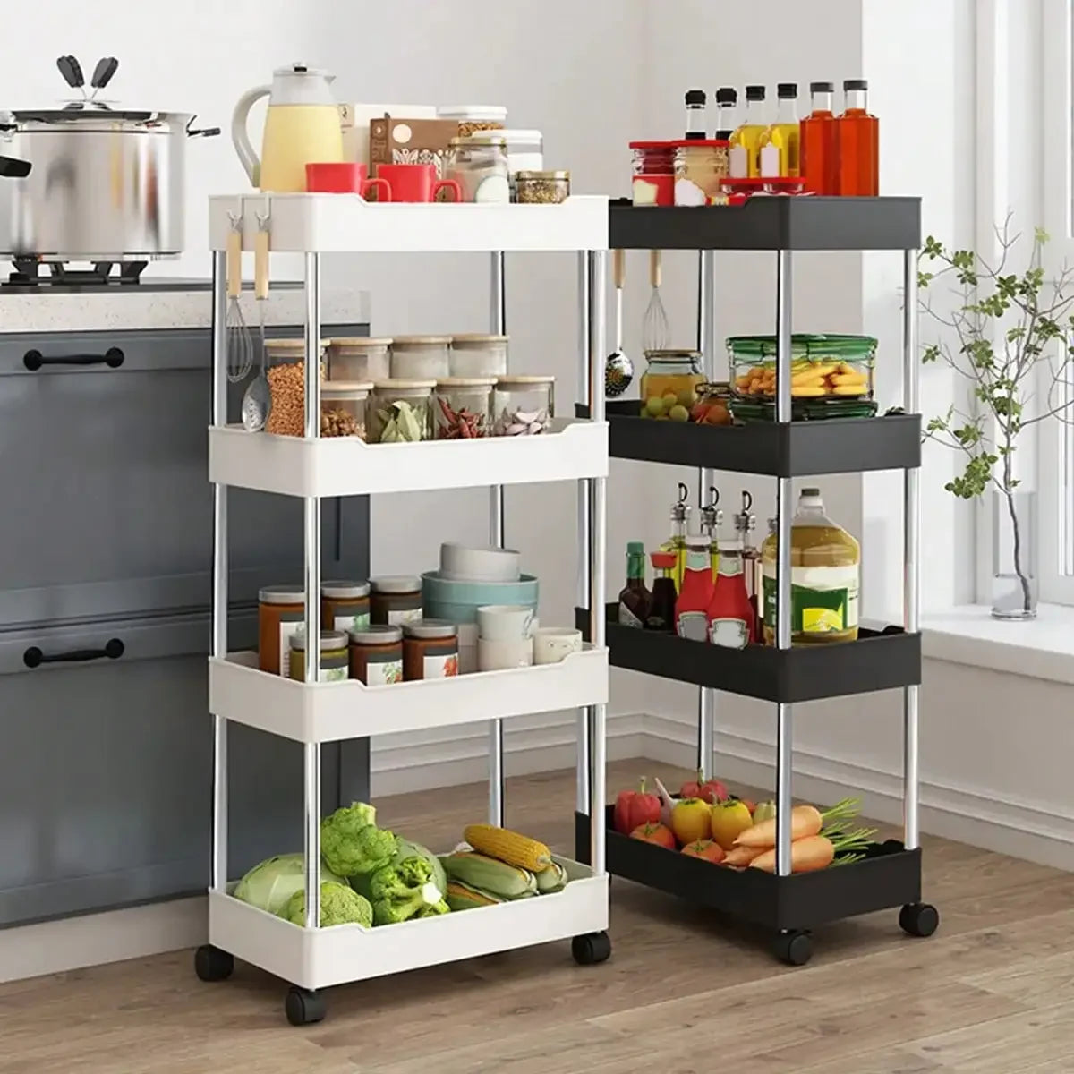 A white and black 3/4 tier mobile storage rack holding various kitchen jars and utensils.