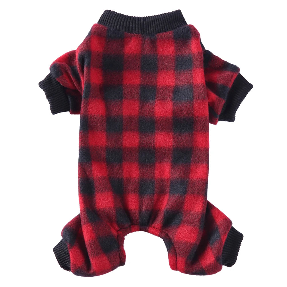 A red and black plaid cozy winter outfit or overalls for a small dog