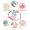 Pink and teal striped dog harness and leash set with embroidered details