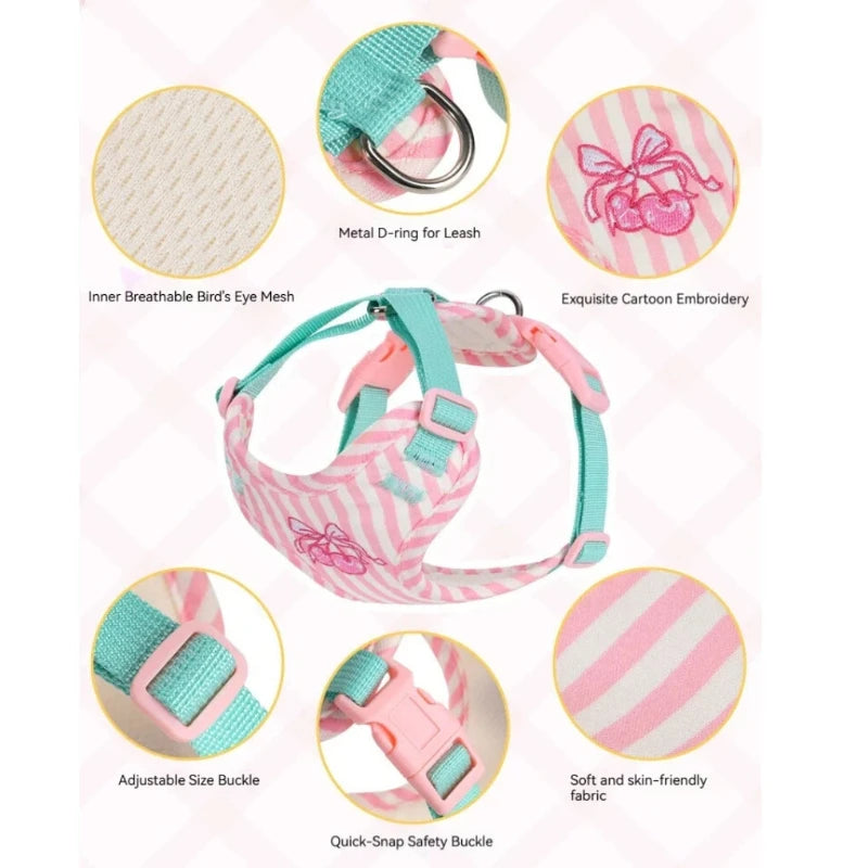 Pink and teal striped dog harness and leash set with embroidered details