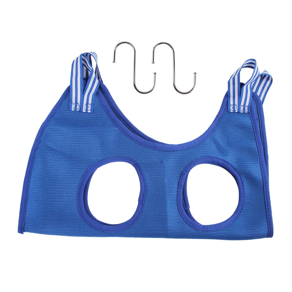 Blue pet nail trimming hammock for cats with a metal hook and fabric straps