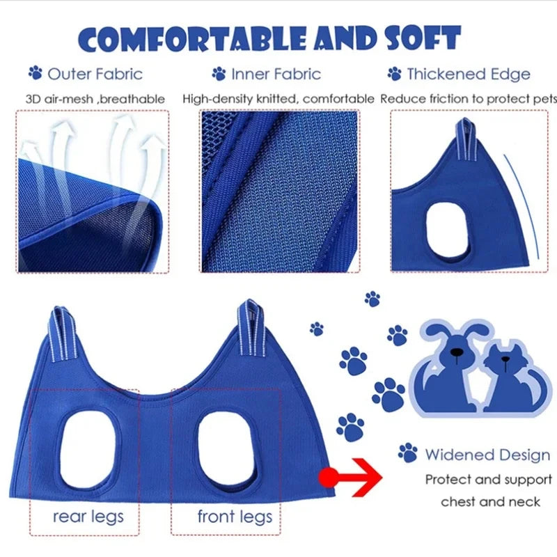 Harnais de toilettage bleu pour animaux, conçu pour protéger la poitrine et le cou avec un design élargi pour les oreilles et