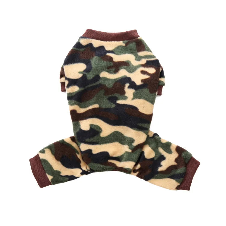 A brown and green camouflage cozy winter overcoat for a small dog