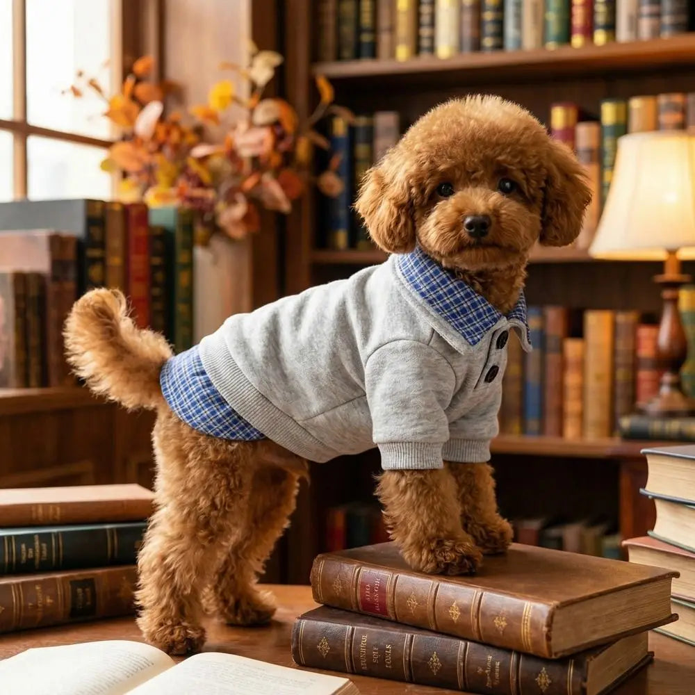 A fluffy brown dog wearing a gray and blue plaid two-piece style hoodie sitting on a stack of books.