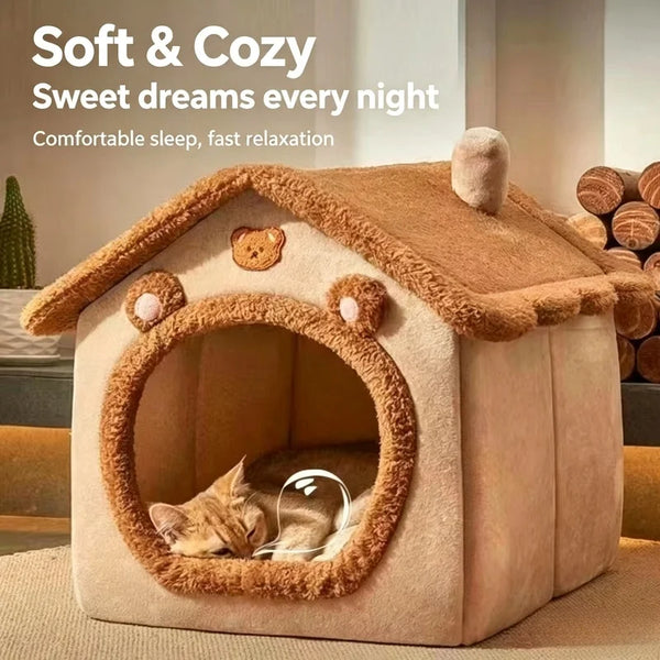 A soft, cozy pet house shaped like a bear, featuring an arched entrance for a cat to rest inside.