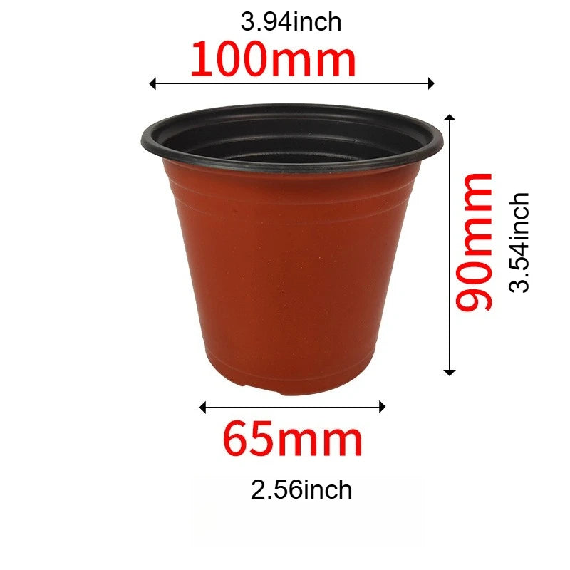 A terracotta-colored plastic nursery pot with a black rim, measuring 3.94 inches in diameter and 90mm high.