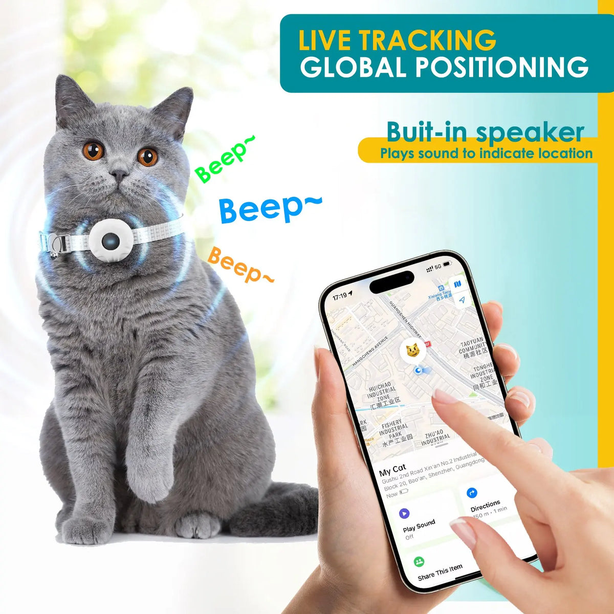 A gray cat wearing a GPS tracking collar is shown next to a smartphone displaying live location tracking.