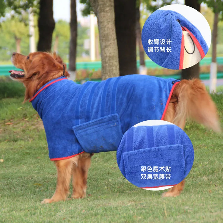 Blue quick-dry microfiber dog robe for a large dog outdoors