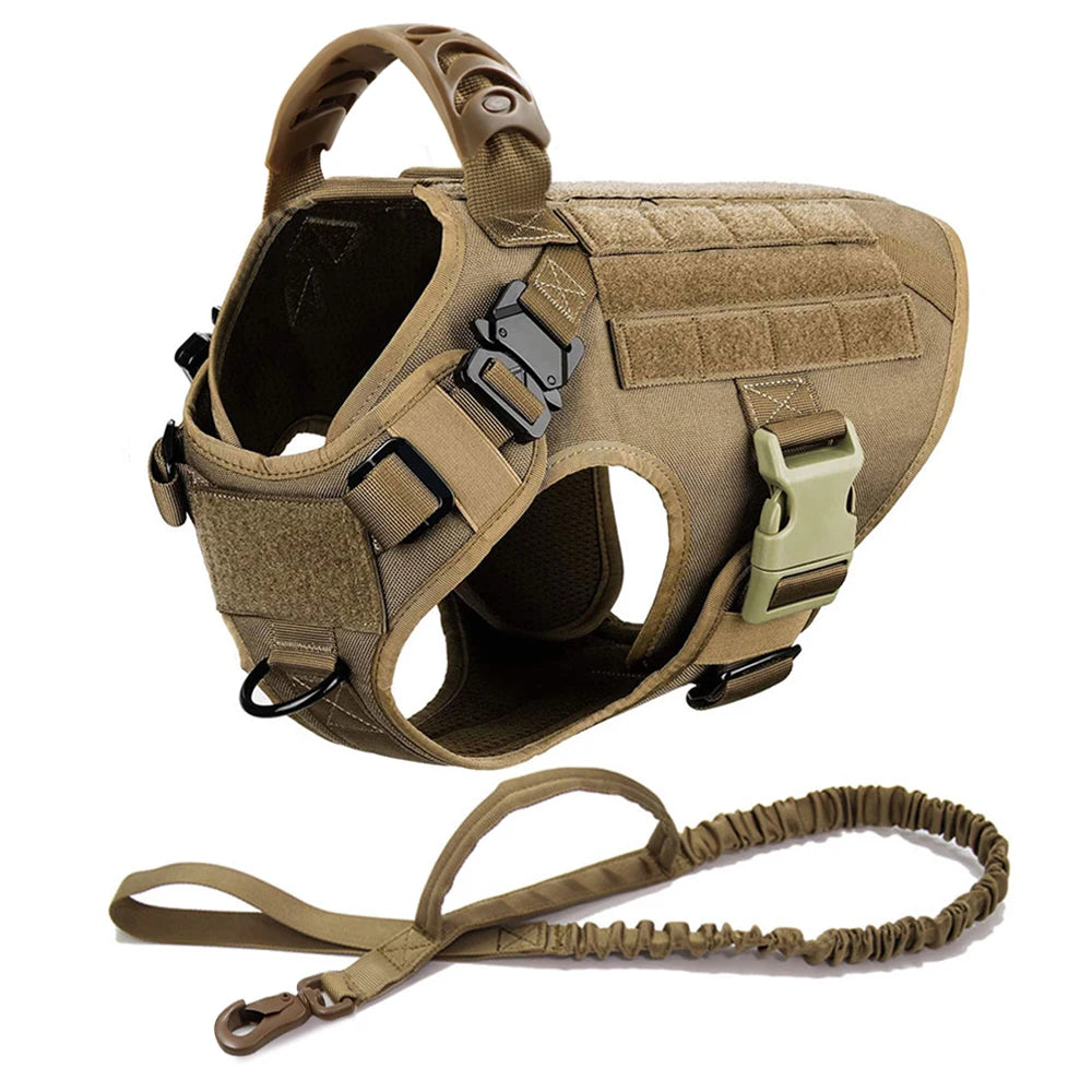 A tan heavy duty tactical dog harness with a padded vest and molli pouch system is shown.