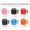 Various colored adjustable mesh dog harnesses for small and medium pets in pink, black, red, navy blue, blue, and orange.