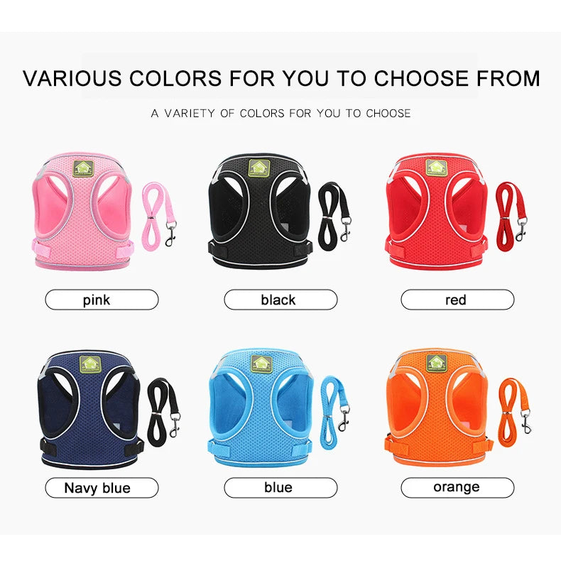 Various colored adjustable mesh dog harnesses for small and medium pets in pink, black, red, navy blue, blue, and orange.