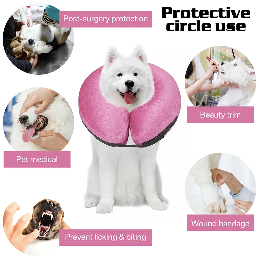 Pink inflatable protective circle collar used for post-surgery protection, beauty trim, preventing licking and biting, and wo