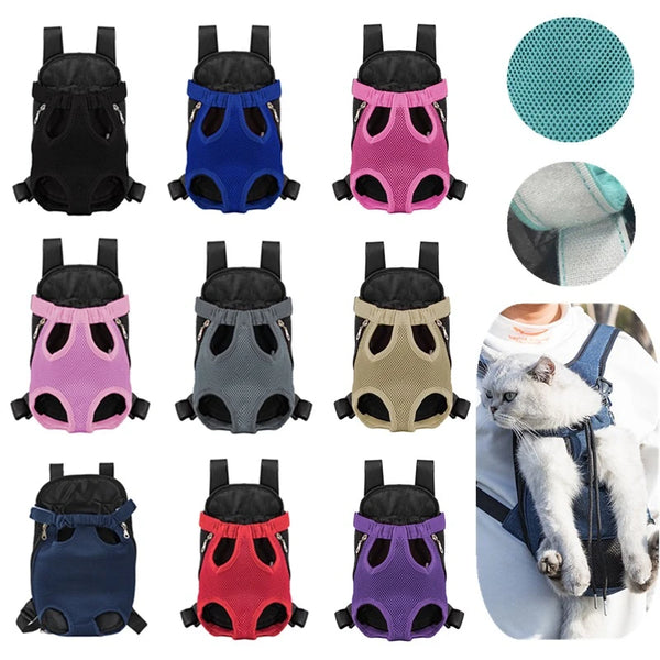 A collection of breathable pet carrier backpacks for dogs and cats in various colors including black, blue, pink, gray, and p