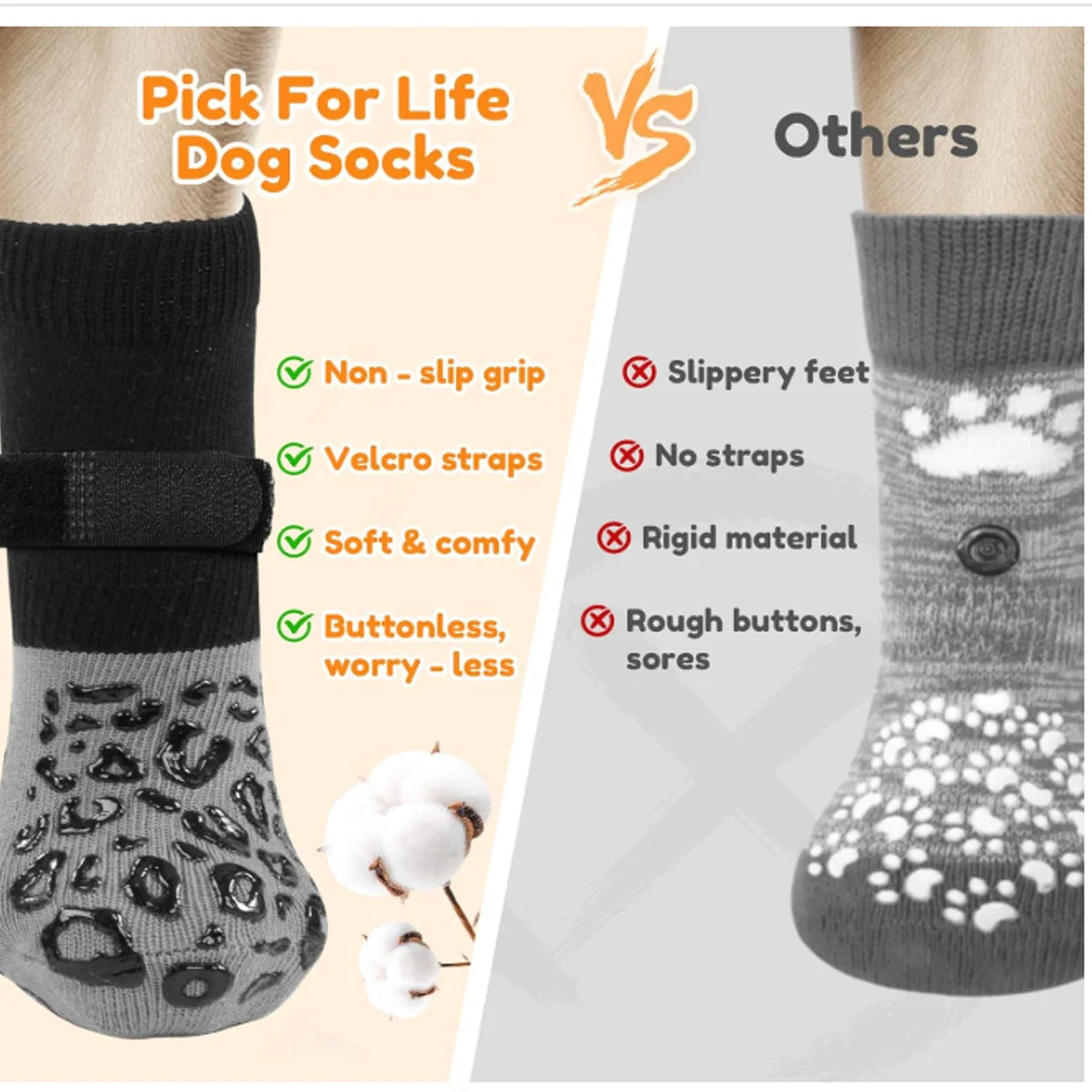 Comparison image showing waterproof anti-slip dog socks versus other types of socks.