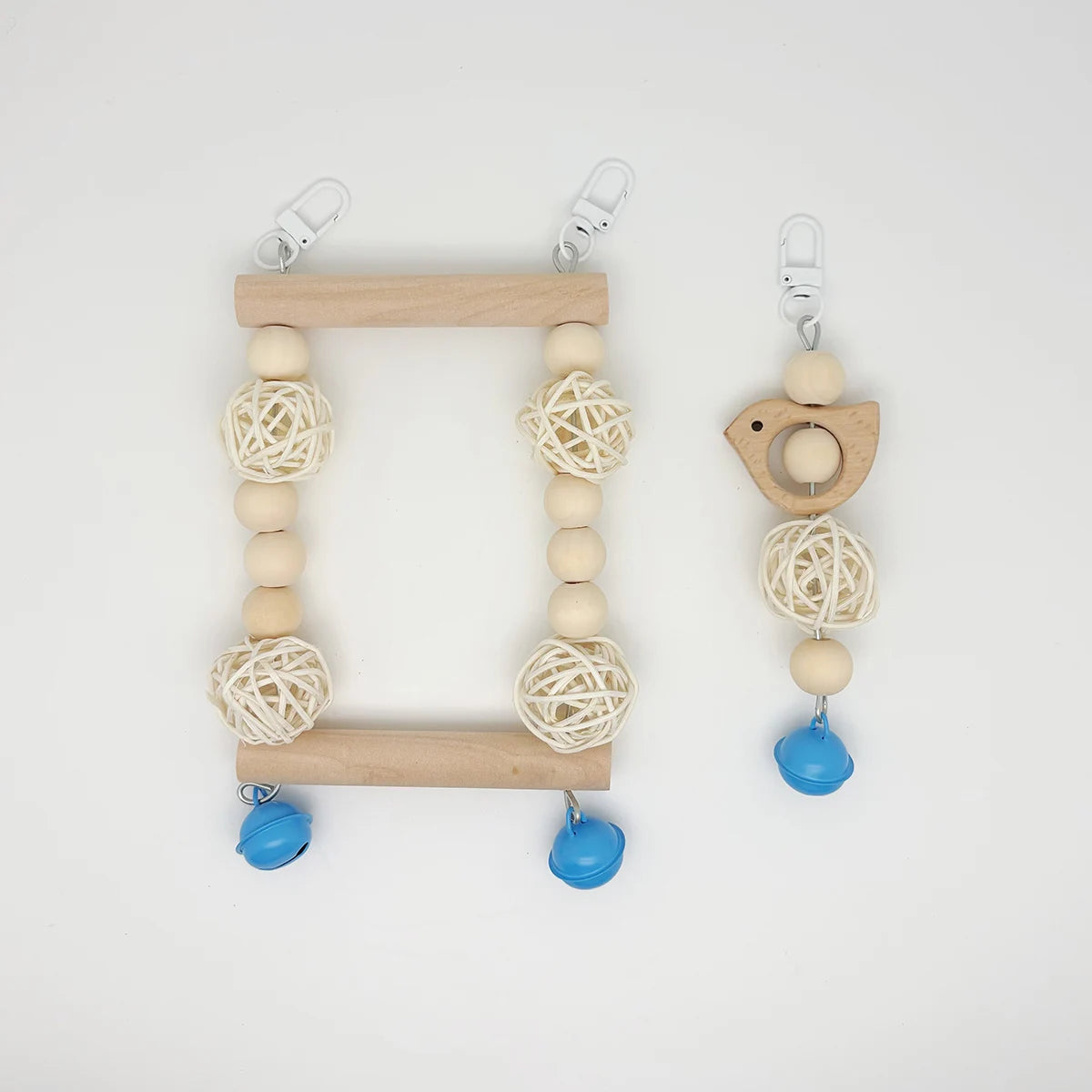 Wooden decorative parrot swing toys featuring natural wood beads and woven bird nests.