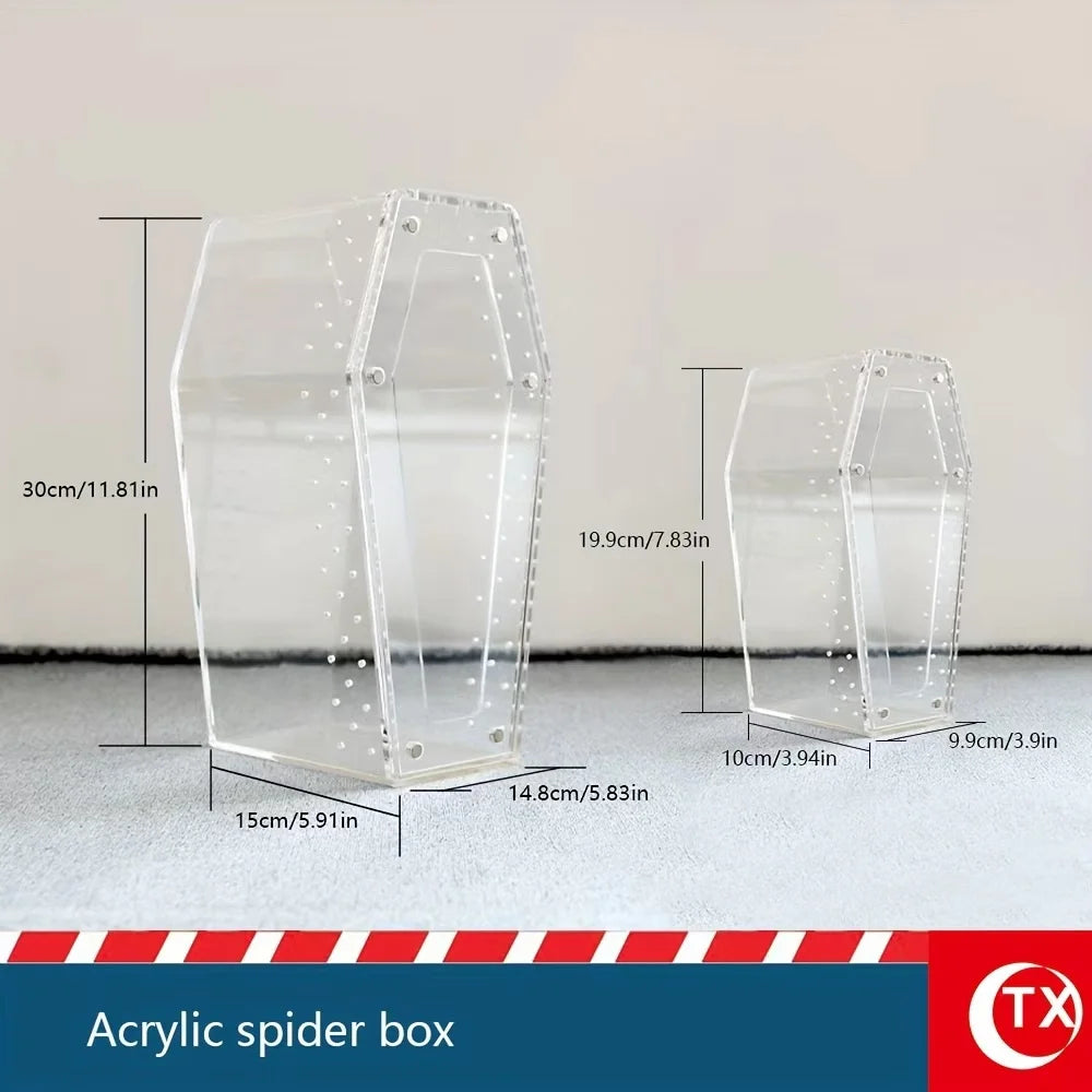 Clear acrylic spider box enclosure shown with dimensions and magnetic door features.